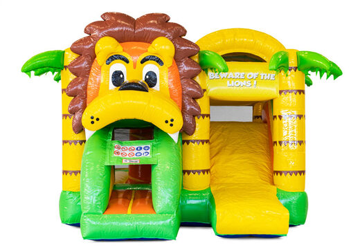 Overdekt opblaasbaar Mini Multiplay springkussen met glijbaan bestellen in thema Lion voor kinderen. Koop nu opblaasbare springkussens bij JB Inflatables Nederland