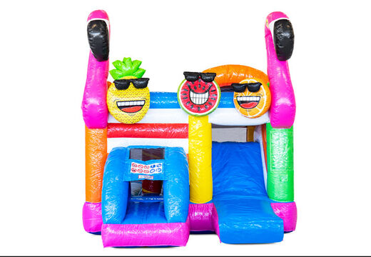 Overdekt opblaasbaar Mini Multiplay springkussen met glijbaan bestellen in thema Flamingo voor kinderen. Koop nu opblaasbare springkussens bij JB Inflatables Nederland