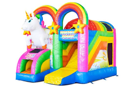 Overdekt opblaasbaar Mini Multiplay springkussen met glijbaan kopen in thema Unicorn voor kinderen. Bestel nu opblaasbare springkussens bij JB Inflatables Nederland