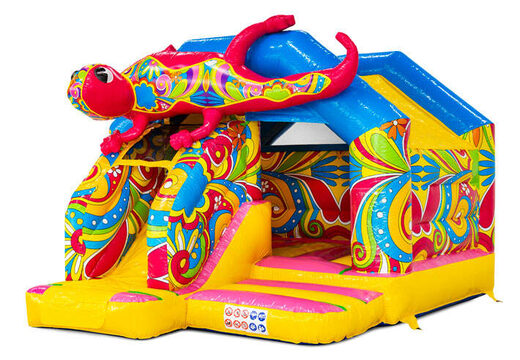 Slide Combo springkasteel met geel blauw roze kleuren en bloemen