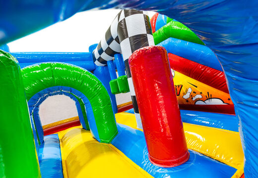 Groen en blauwe bogen en rode pilaren in multiplay springkussen Comic