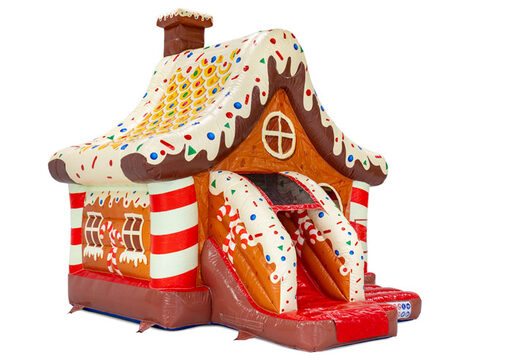 Zijkant van Gingerbread huis met snoepjes winterthema opblaas springkasteel