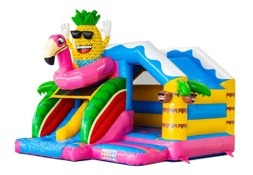 Slide combo Dubbelslide springkussen met twee glijbanen in Hawaii Flamingo thema