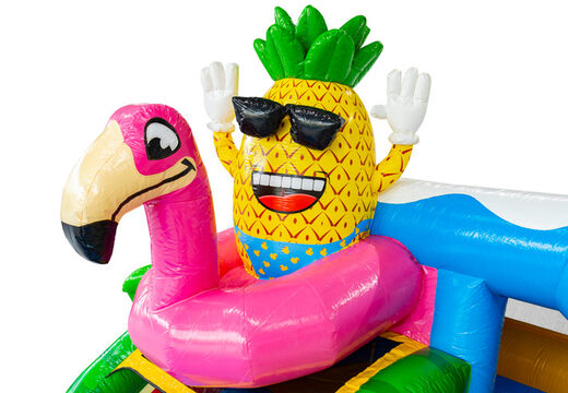 Springkussen thema Hawaii Flamingo met vrolijke 3D ananas in flamingo zwemband online bestellen