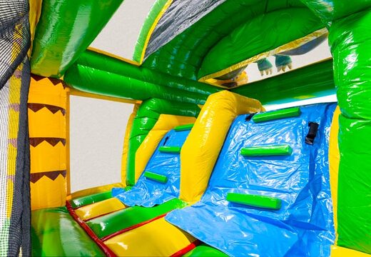 Klimwand van Multiplay dubbelslide dino thema blauw geel oranje