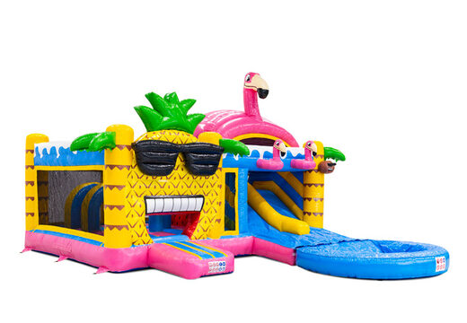 Multiplay Dubbelslide springkussen met twee glijbanen in hawaii flamingo thema