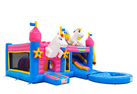 Zijkant Multiplay Dubbelslide met zwembad in Unicorn thema